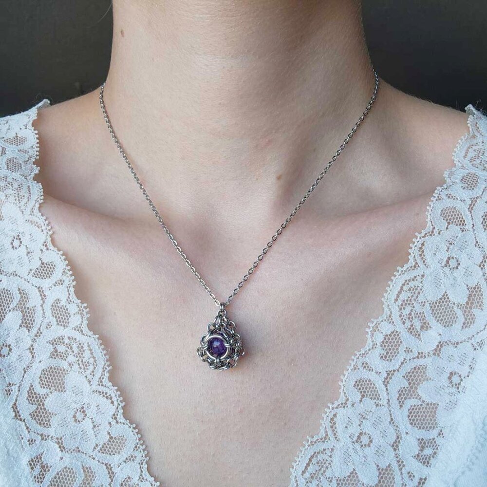 Gothic purple chainmaille necklace with a small silver chain